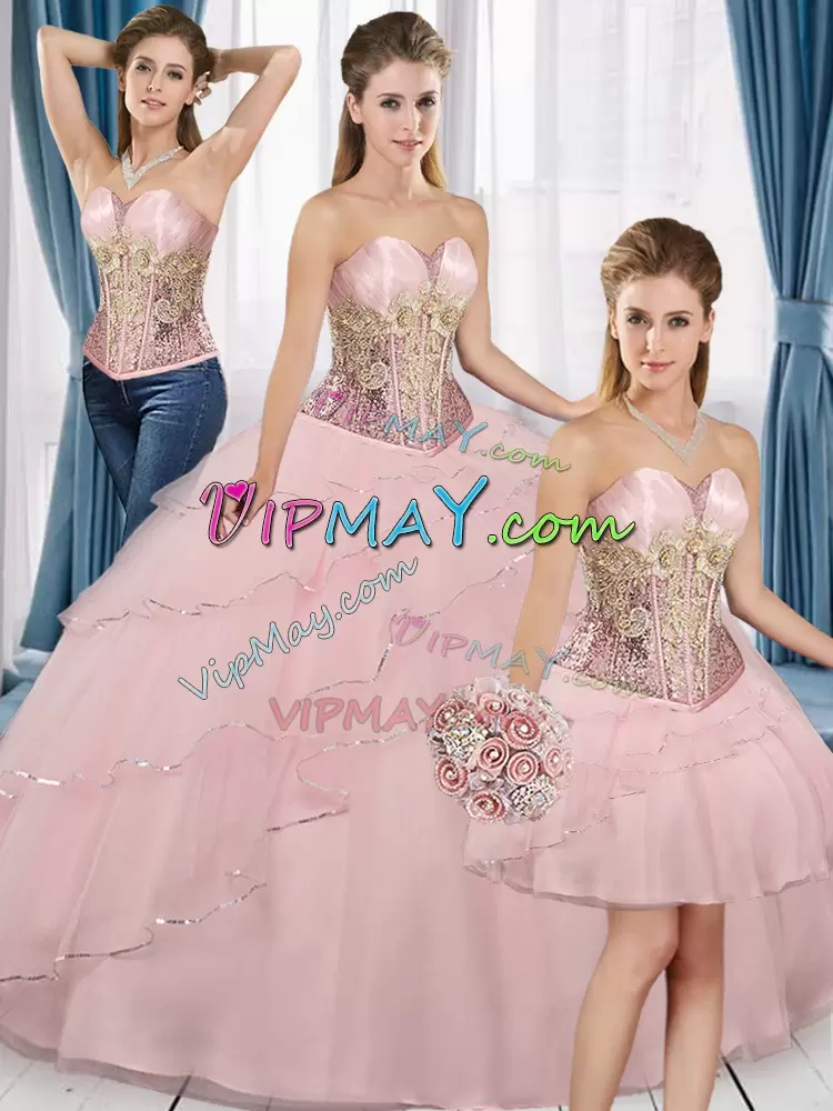 Glamorous Pink Three Pieces Sweetheart Sleeveless Tulle Floor Length Lace Up Beading and Ruffled Layers Sweet 16 Dress