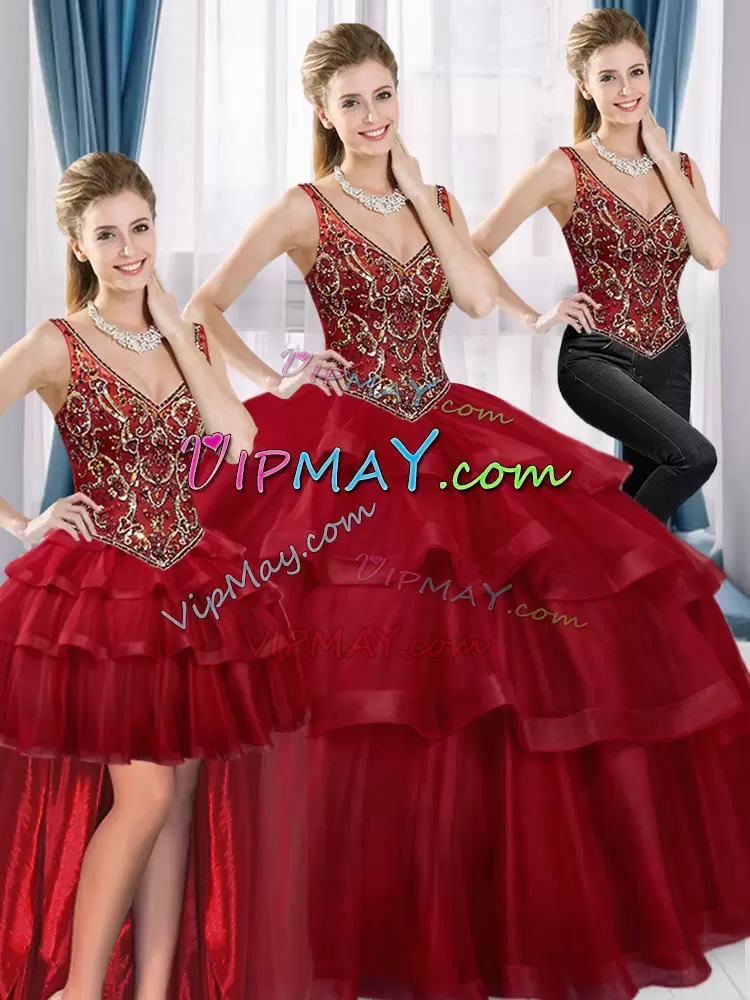 Red V-neck Lace Up Beading and Ruffled Layers Sweet 16 Dresses Sleeveless