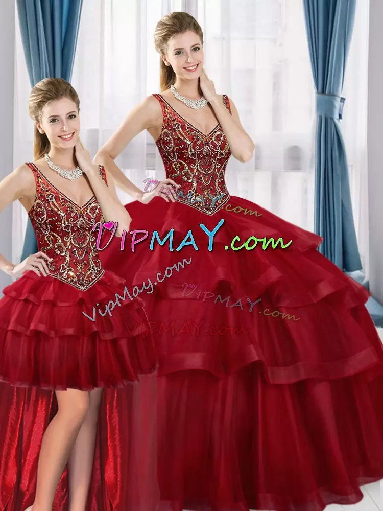 Red V-neck Lace Up Beading and Ruffled Layers Sweet 16 Dresses Sleeveless