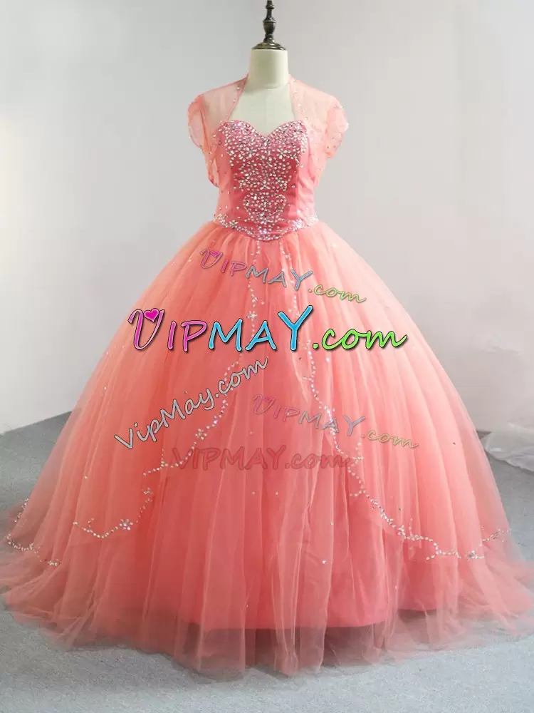 Custom Made Watermelon Red Tulle Lace Up 15 Quinceanera Dress Sleeveless Floor Length Beading