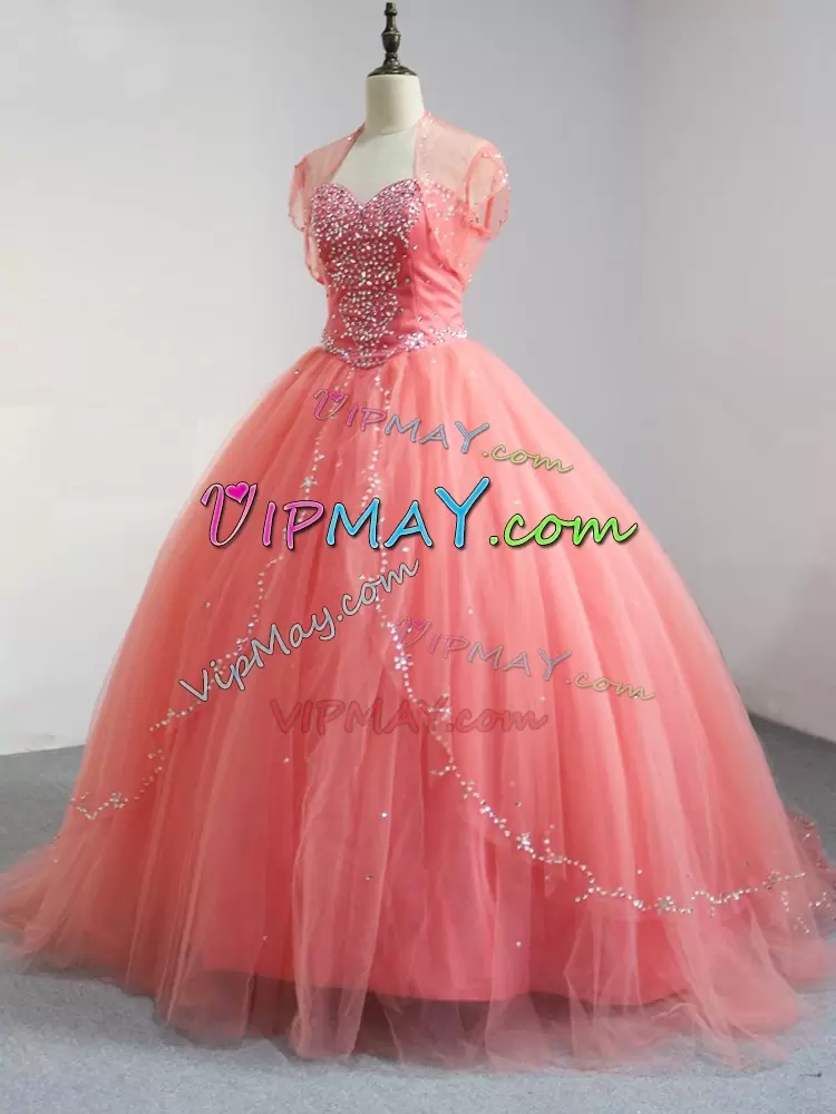 Custom Made Watermelon Red Tulle Lace Up 15 Quinceanera Dress Sleeveless Floor Length Beading