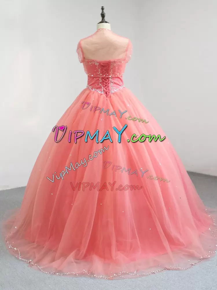 Custom Made Watermelon Red Tulle Lace Up 15 Quinceanera Dress Sleeveless Floor Length Beading