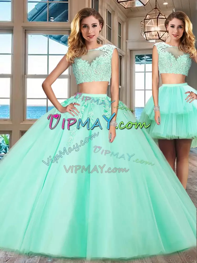 Floor Length Two Pieces Cap Sleeves Apple Green Sweet 16 Dresses Zipper