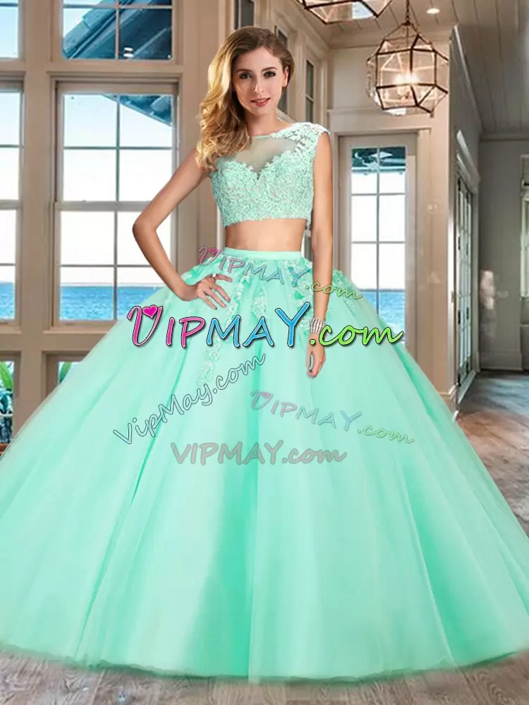 Floor Length Two Pieces Cap Sleeves Apple Green Sweet 16 Dresses Zipper