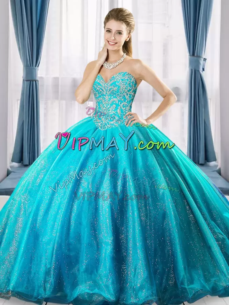 Flare Aqua Blue Sleeveless Beading Floor Length Quince Ball Gowns