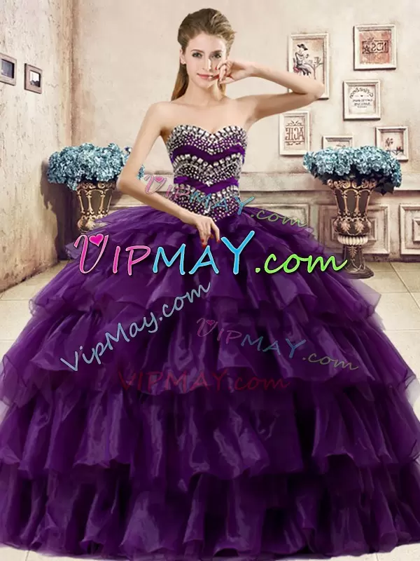 Admirable Purple Sleeveless Floor Length Beading and Ruffled Layers Lace Up Sweet 16 Quinceanera Dress Sweetheart