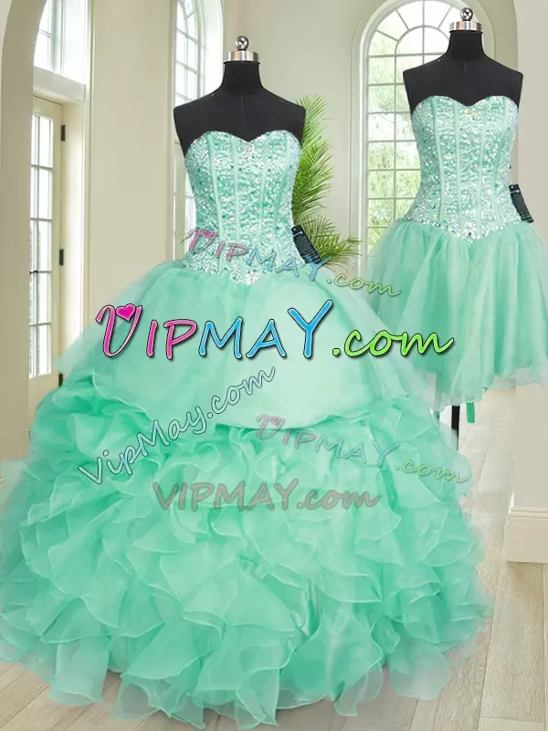 Turquoise Sweetheart Lace Up Beading and Ruffles Quinceanera Gown Sleeveless