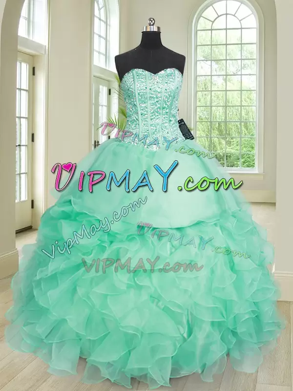 Turquoise Sweetheart Lace Up Beading and Ruffles Quinceanera Gown Sleeveless