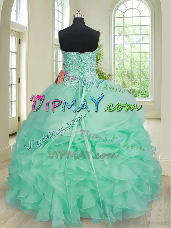 Turquoise Sweetheart Lace Up Beading and Ruffles Quinceanera Gown Sleeveless