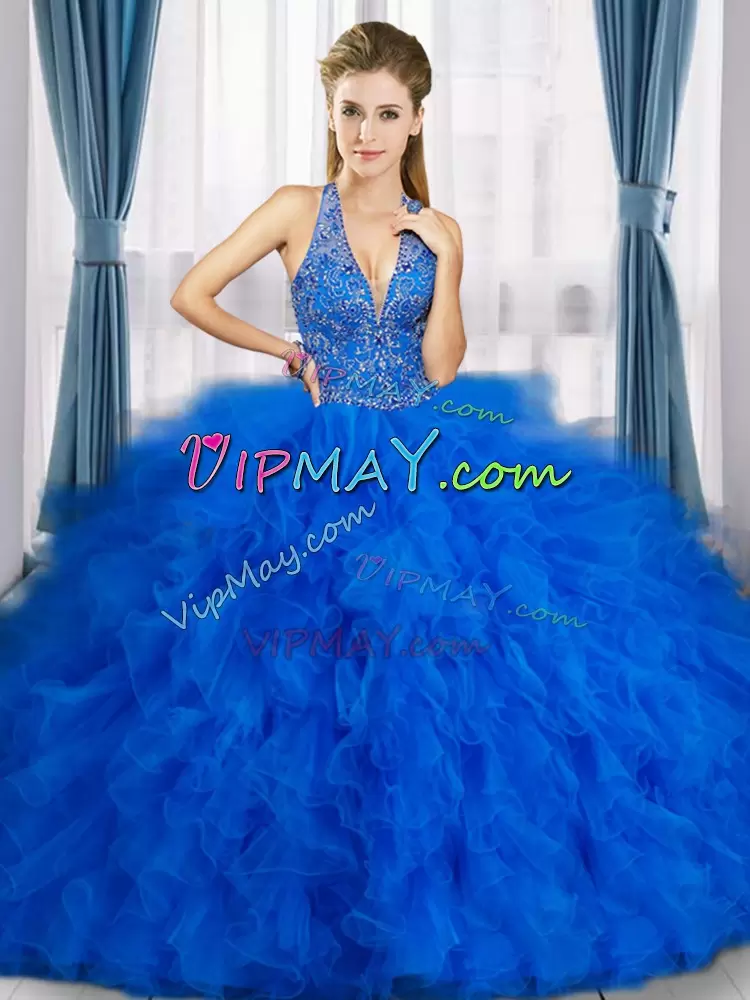Latest Floor Length Ball Gowns Sleeveless Royal Blue Quinceanera Gown Lace Up