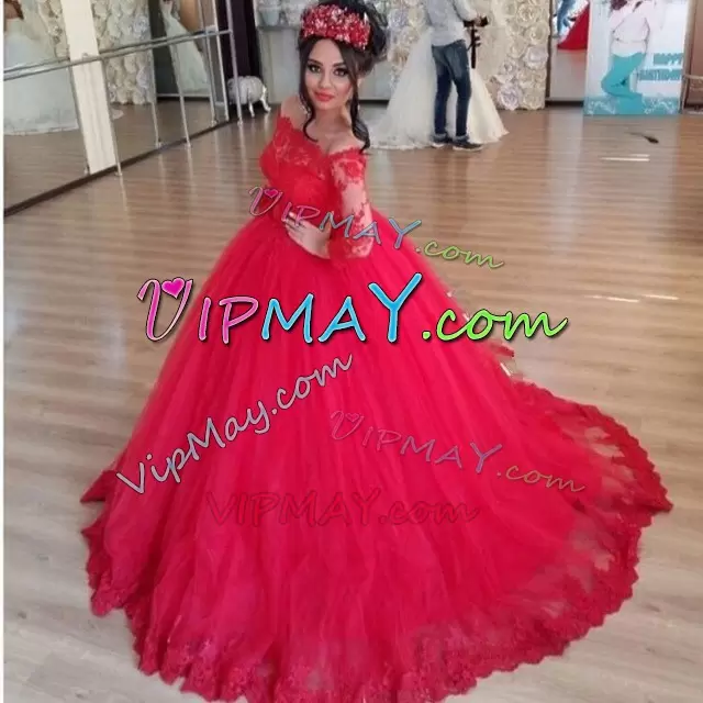 Lovely Red Tulle Lace Up Off The Shoulder Long Sleeves Sweet 16 Dress Sweep Train Lace and Appliques