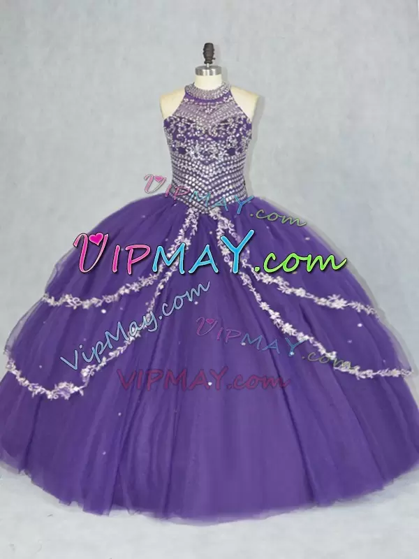 Decent Purple Ball Gowns Halter Top Sleeveless Tulle Floor Length Lace Up Beading Sweet 16 Dresses