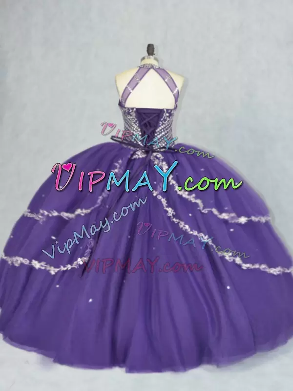 Decent Purple Ball Gowns Halter Top Sleeveless Tulle Floor Length Lace Up Beading Sweet 16 Dresses