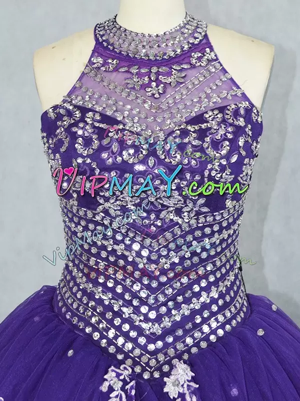 Decent Purple Ball Gowns Halter Top Sleeveless Tulle Floor Length Lace Up Beading Sweet 16 Dresses