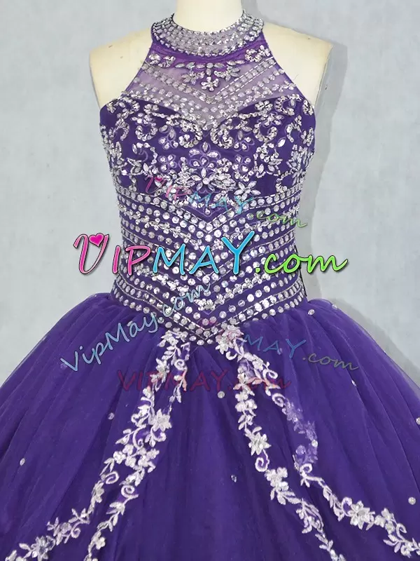 Decent Purple Ball Gowns Halter Top Sleeveless Tulle Floor Length Lace Up Beading Sweet 16 Dresses