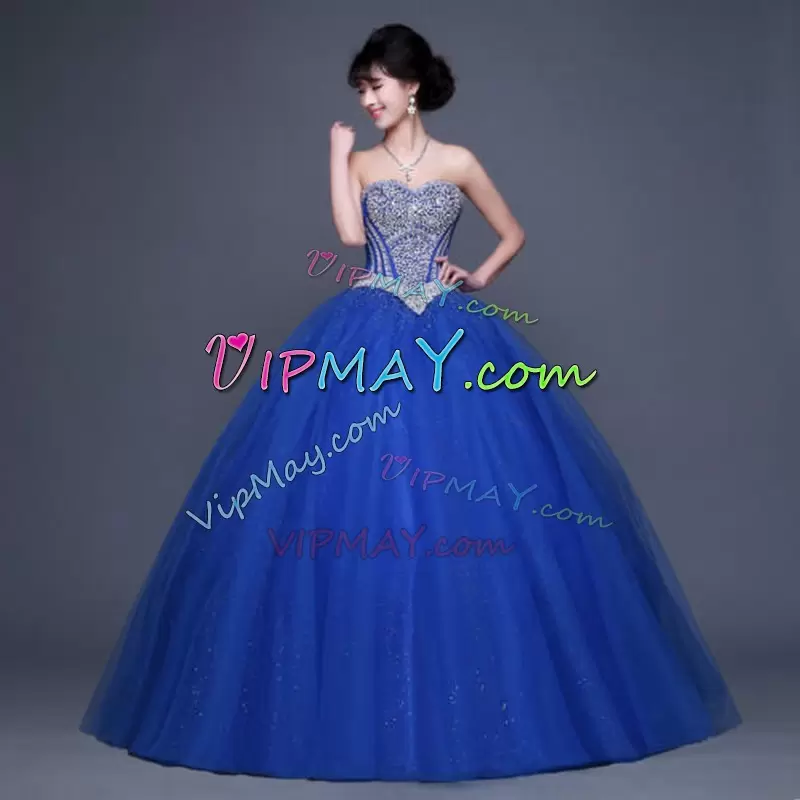 Floor Length Royal Blue Sweet 16 Dress Sweetheart Sleeveless Lace Up