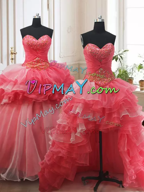 Clearance White and Coral Red Sleeveless Organza Brush Train Lace Up Quinceanera Gown for Military Ball and Sweet 16 and Quinceanera