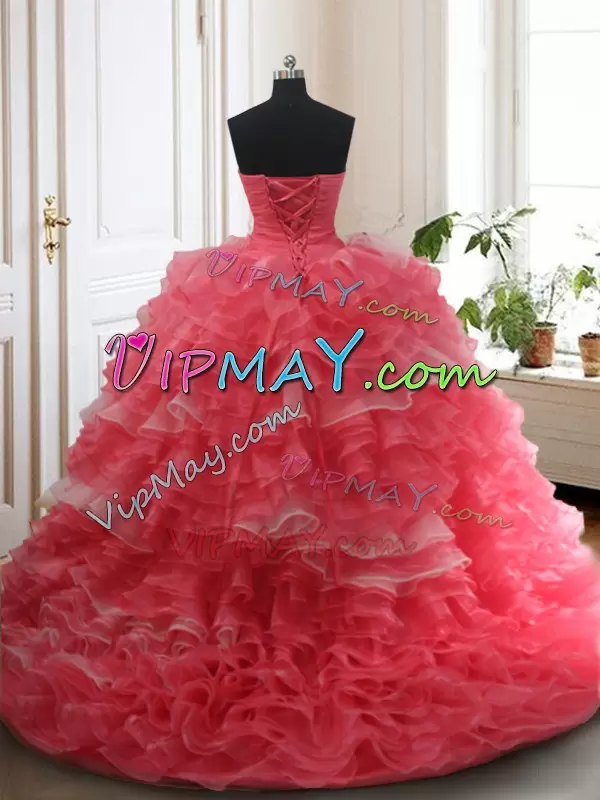 Clearance White and Coral Red Sleeveless Organza Brush Train Lace Up Quinceanera Gown for Military Ball and Sweet 16 and Quinceanera