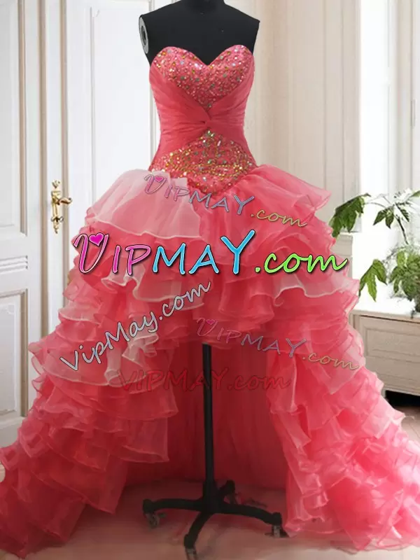 Clearance White and Coral Red Sleeveless Organza Brush Train Lace Up Quinceanera Gown for Military Ball and Sweet 16 and Quinceanera