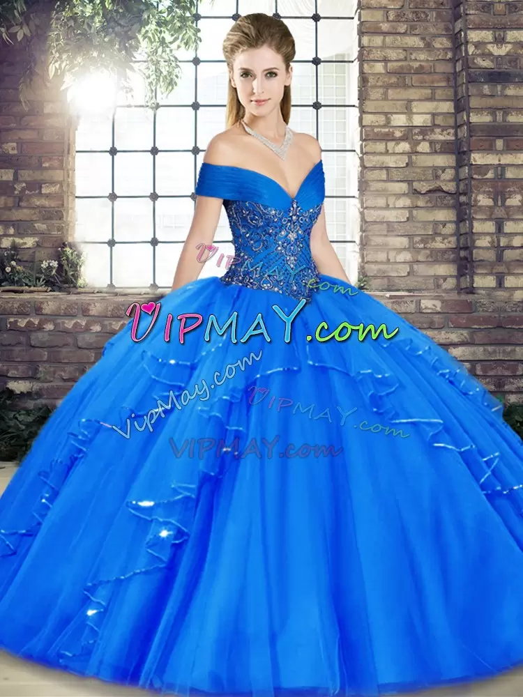 Floor Length Royal Blue Quinceanera Dress Off The Shoulder Sleeveless Lace Up