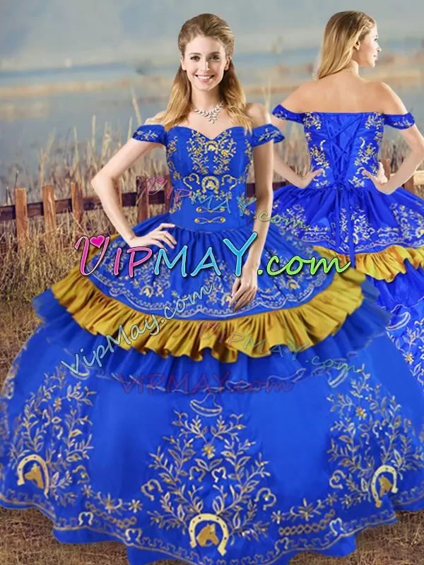 Off The Shoulder Sleeveless Lace Up Quinceanera Gowns Blue Organza Embroidery and Ruffled Layers