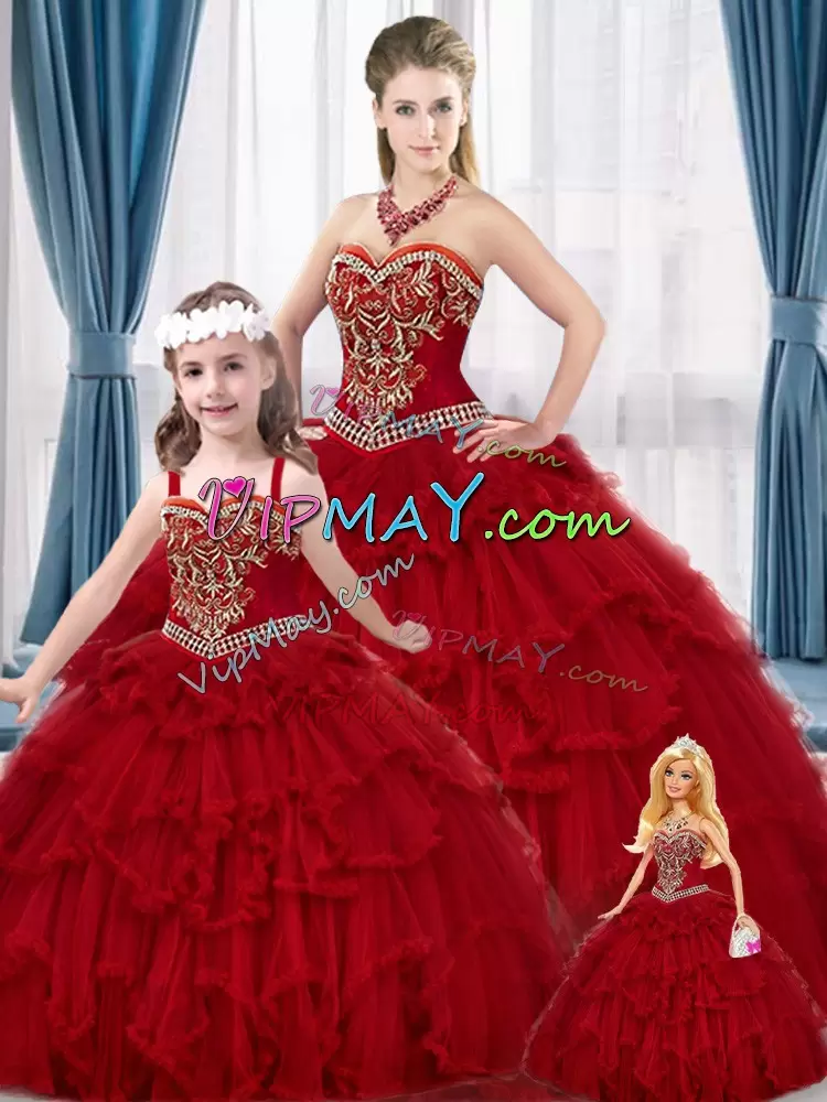 Top Selling Sweetheart Sleeveless Lace Up Sweet 16 Dresses Red Tulle Beading and Ruffles