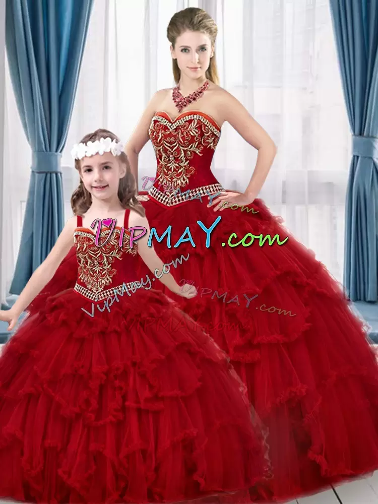 Top Selling Sweetheart Sleeveless Lace Up Sweet 16 Dresses Red Tulle Beading and Ruffles