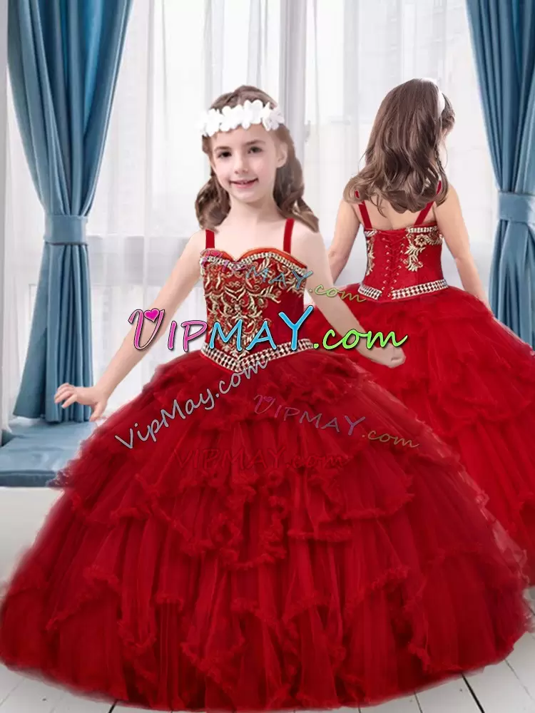 Top Selling Sweetheart Sleeveless Lace Up Sweet 16 Dresses Red Tulle Beading and Ruffles