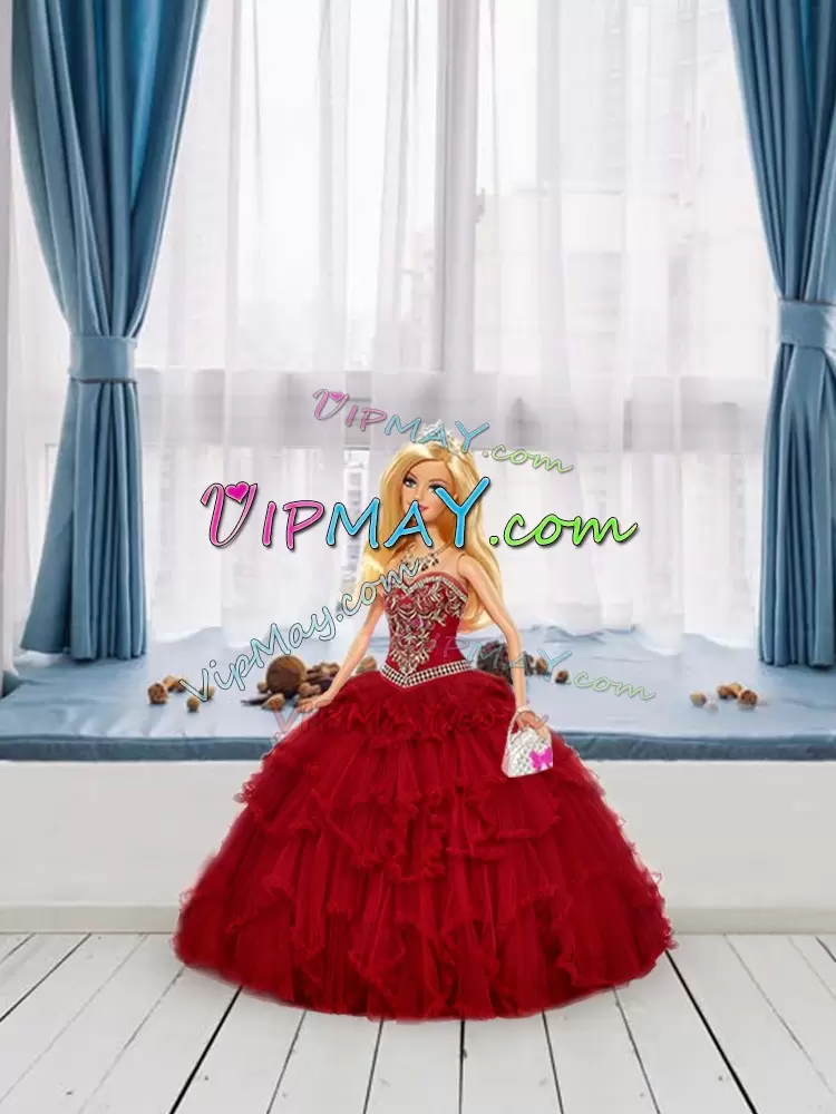 Top Selling Sweetheart Sleeveless Lace Up Sweet 16 Dresses Red Tulle Beading and Ruffles