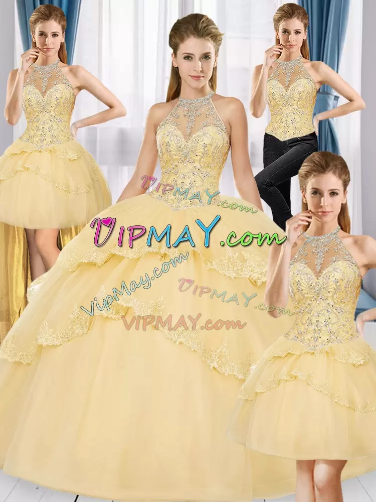 quinceanera dress removable bottoms,yellow quinceanera dress,four pieces quinceanera dress,halter top detachable quinceanera dress,detachable quinceaneraes dress,