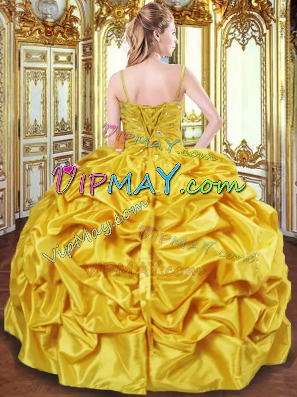 New Style Floor Length Ball Gowns Sleeveless Gold Quince Ball Gowns Lace Up