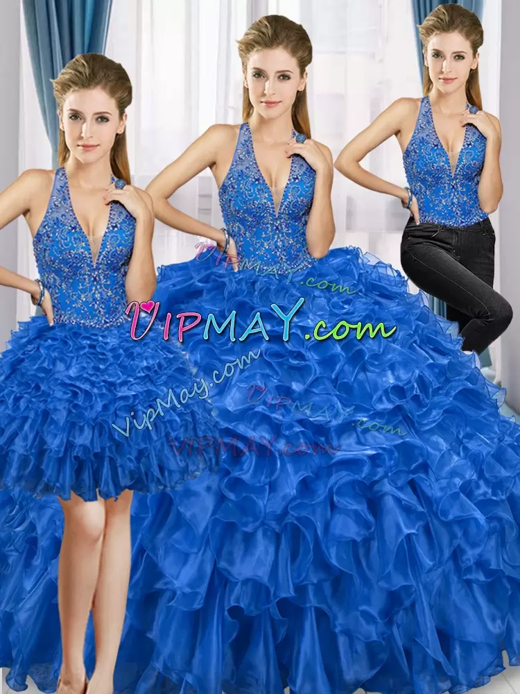 Royal Blue Lace Up Halter Top Beading and Ruffles 15th Birthday Dress Organza Sleeveless