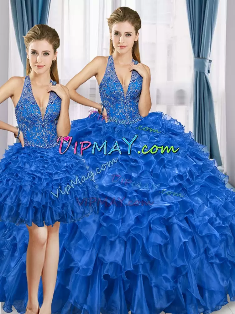 Royal Blue Lace Up Halter Top Beading and Ruffles 15th Birthday Dress Organza Sleeveless