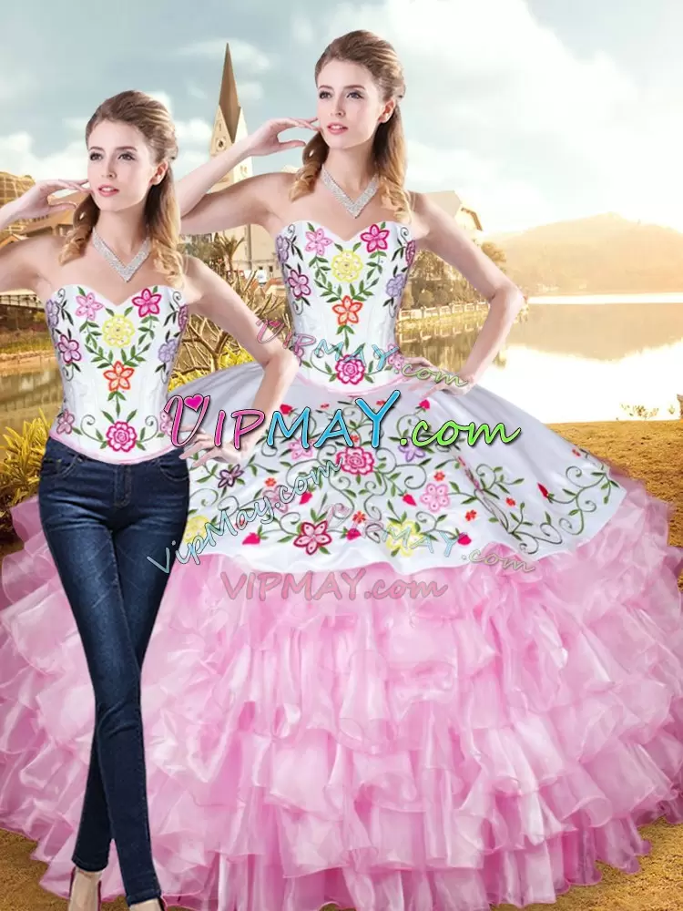 Sweetheart Sleeveless Organza and Taffeta Sweet 16 Dresses Embroidery and Ruffled Layers Lace Up