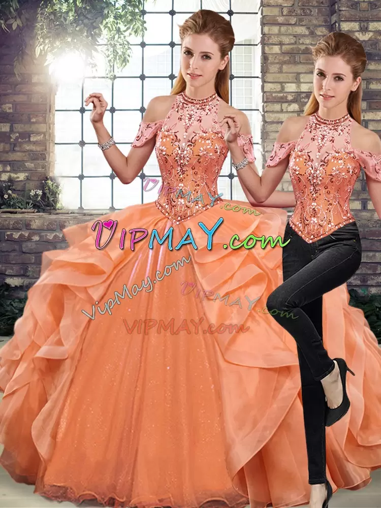 Sleeveless Organza Floor Length Lace Up 15 Quinceanera Dress in Orange with Beading and Ruffles