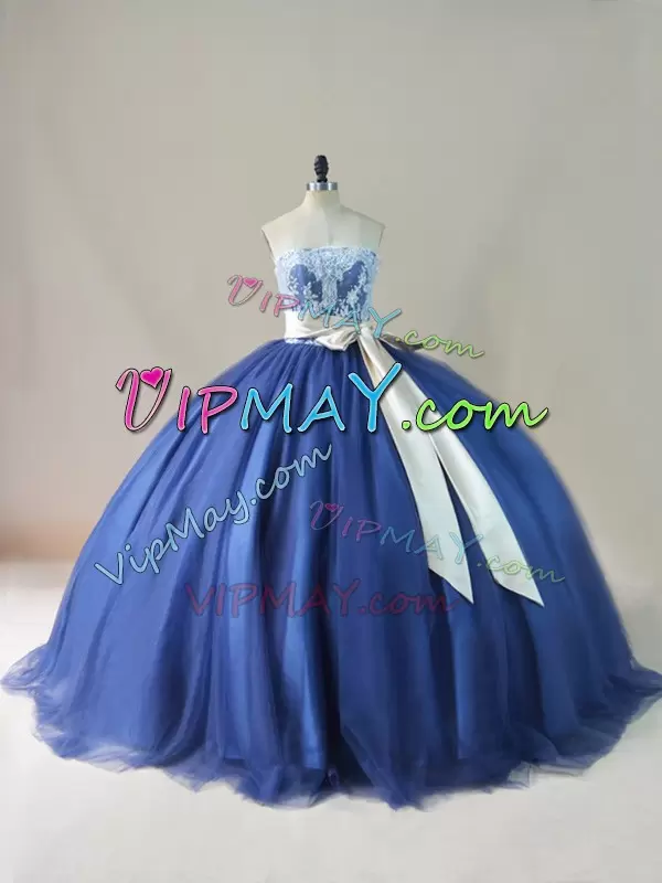 Stylish Scoop Sleeveless Brush Train Lace Up 15th Birthday Dress Navy Blue Tulle Appliques and Sashes ribbons and Bowknot