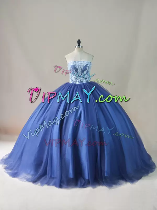 Stylish Scoop Sleeveless Brush Train Lace Up 15th Birthday Dress Navy Blue Tulle Appliques and Sashes ribbons and Bowknot