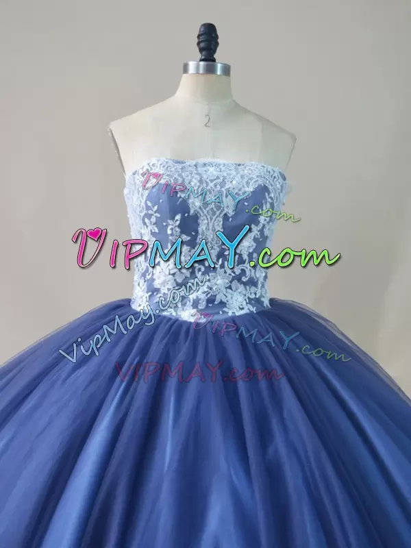 Stylish Scoop Sleeveless Brush Train Lace Up 15th Birthday Dress Navy Blue Tulle Appliques and Sashes ribbons and Bowknot