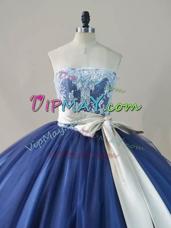 Stylish Scoop Sleeveless Brush Train Lace Up 15th Birthday Dress Navy Blue Tulle Appliques and Sashes ribbons and Bowknot