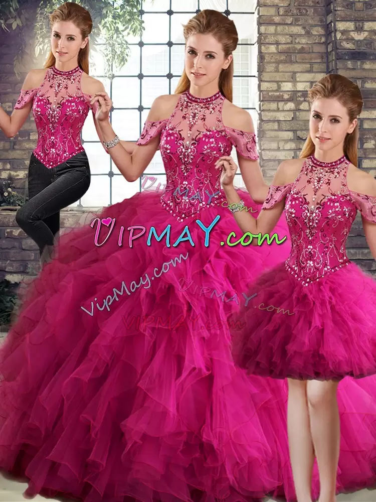 Wonderful Fuchsia Sleeveless Floor Length Beading and Ruffles Lace Up Sweet 16 Dress Halter Top