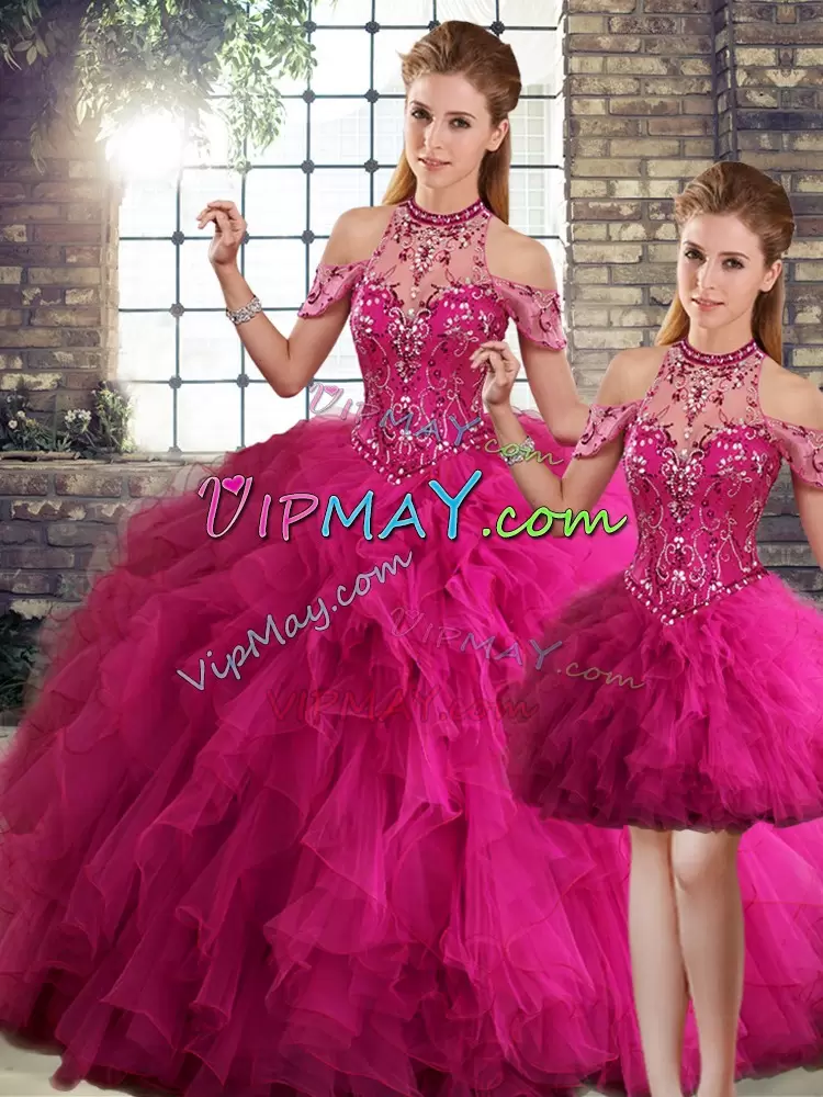 Wonderful Fuchsia Sleeveless Floor Length Beading and Ruffles Lace Up Sweet 16 Dress Halter Top