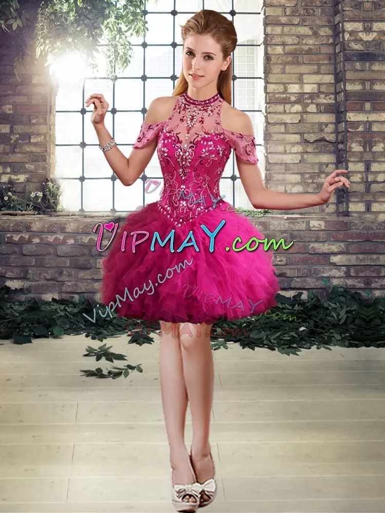 Wonderful Fuchsia Sleeveless Floor Length Beading and Ruffles Lace Up Sweet 16 Dress Halter Top