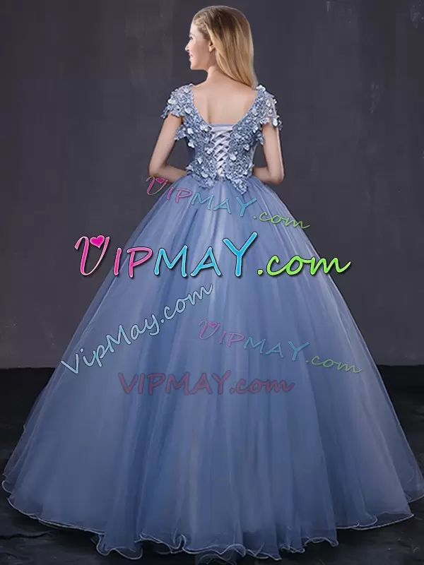 Short Sleeves Floor Length Appliques Lace Up Quince Ball Gowns with Lavender