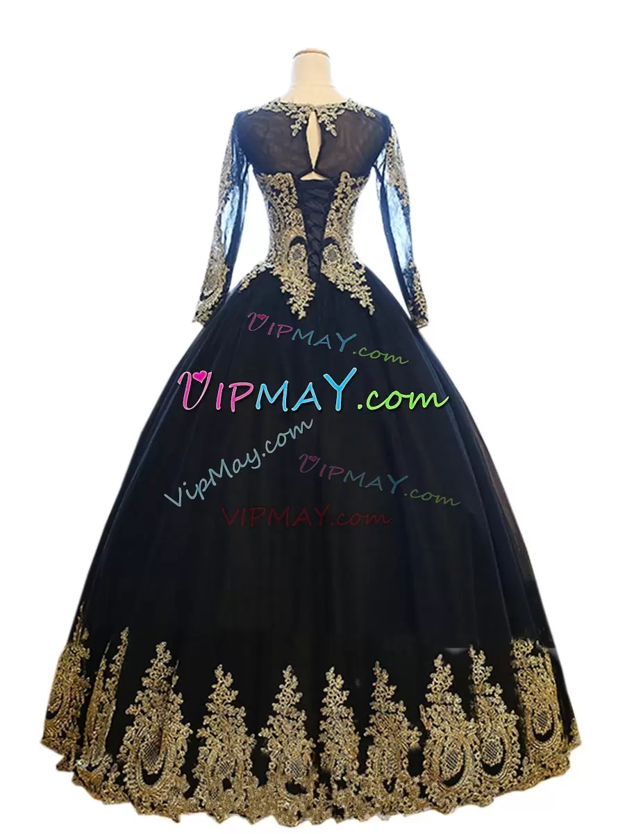 Floor Length Black Quinceanera Gown Tulle Long Sleeves Appliques