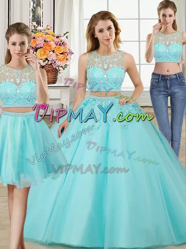 Fantastic Aqua Blue Zipper Quince Ball Gowns Beading and Appliques Sleeveless Floor Length