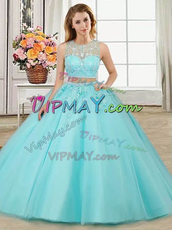 Fantastic Aqua Blue Zipper Quince Ball Gowns Beading and Appliques Sleeveless Floor Length