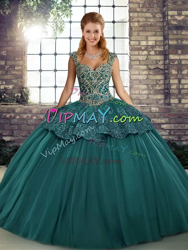 Elegant Floor Length Green 15 Quinceanera Dress Straps Sleeveless Lace Up