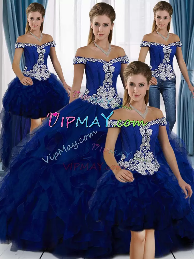 Royal Blue Lace Up 15th Birthday Dress Appliques Floor Length