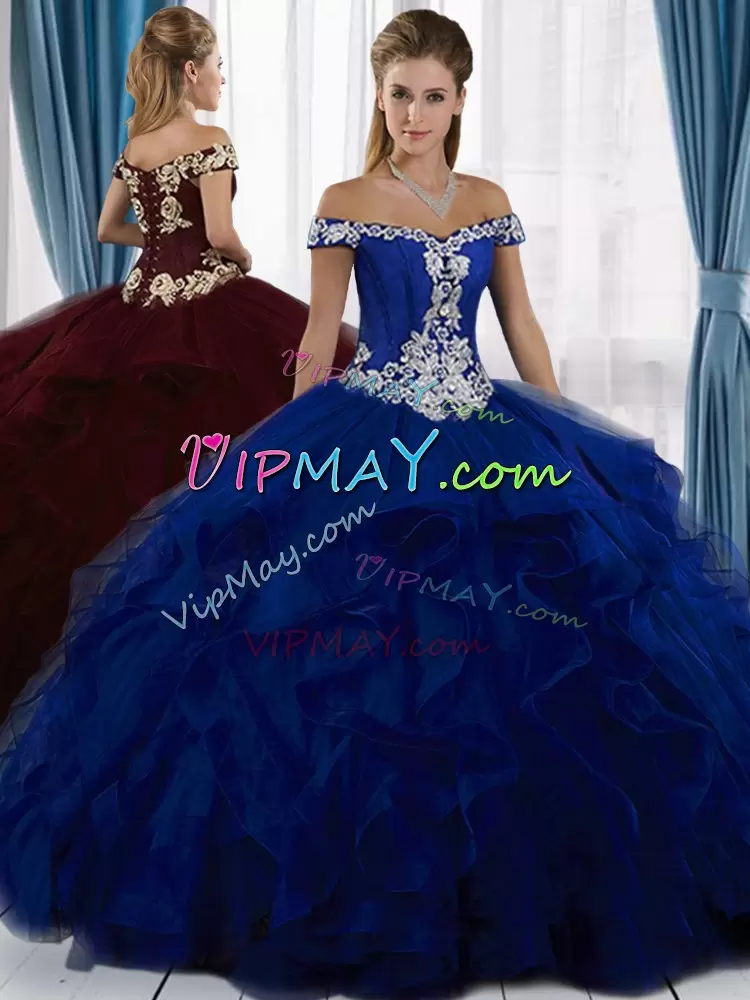 Royal Blue Lace Up 15th Birthday Dress Appliques Floor Length