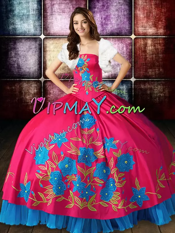 Hot Pink Sleeveless Embroidery Floor Length Quinceanera Gowns